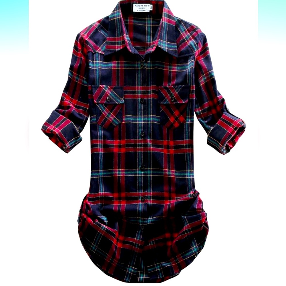 Flannel Plaid Button Down Shirt Red and Blue Size Medium Longer Length to Cover.